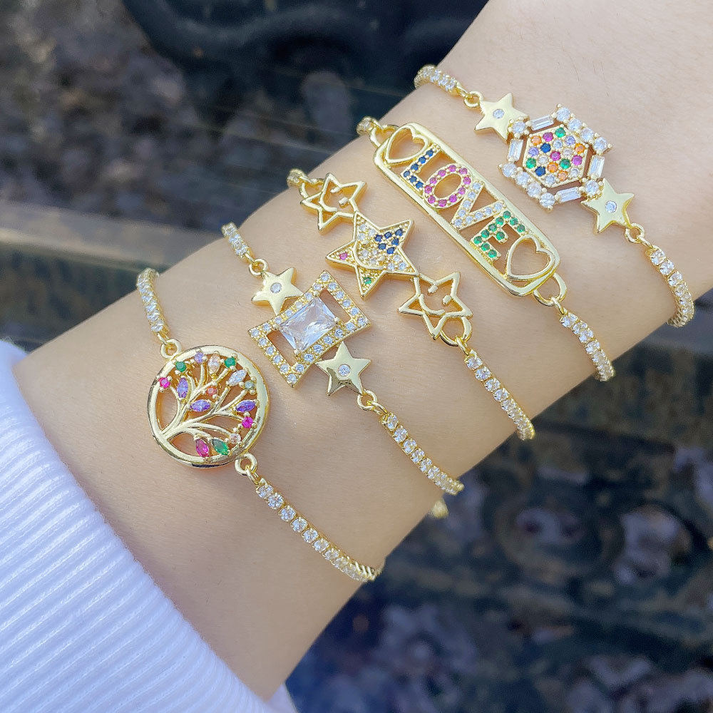 Amazon's best-selling European and American colorful zircon star smiling face bracelet, women's life tree letter love bracelet