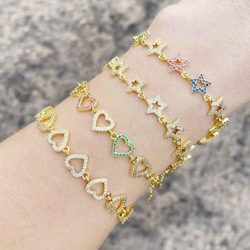 European and American heart-shaped spliced bracelet, unique and niche design sense, colorful zircon five-pointed star bracelet for women