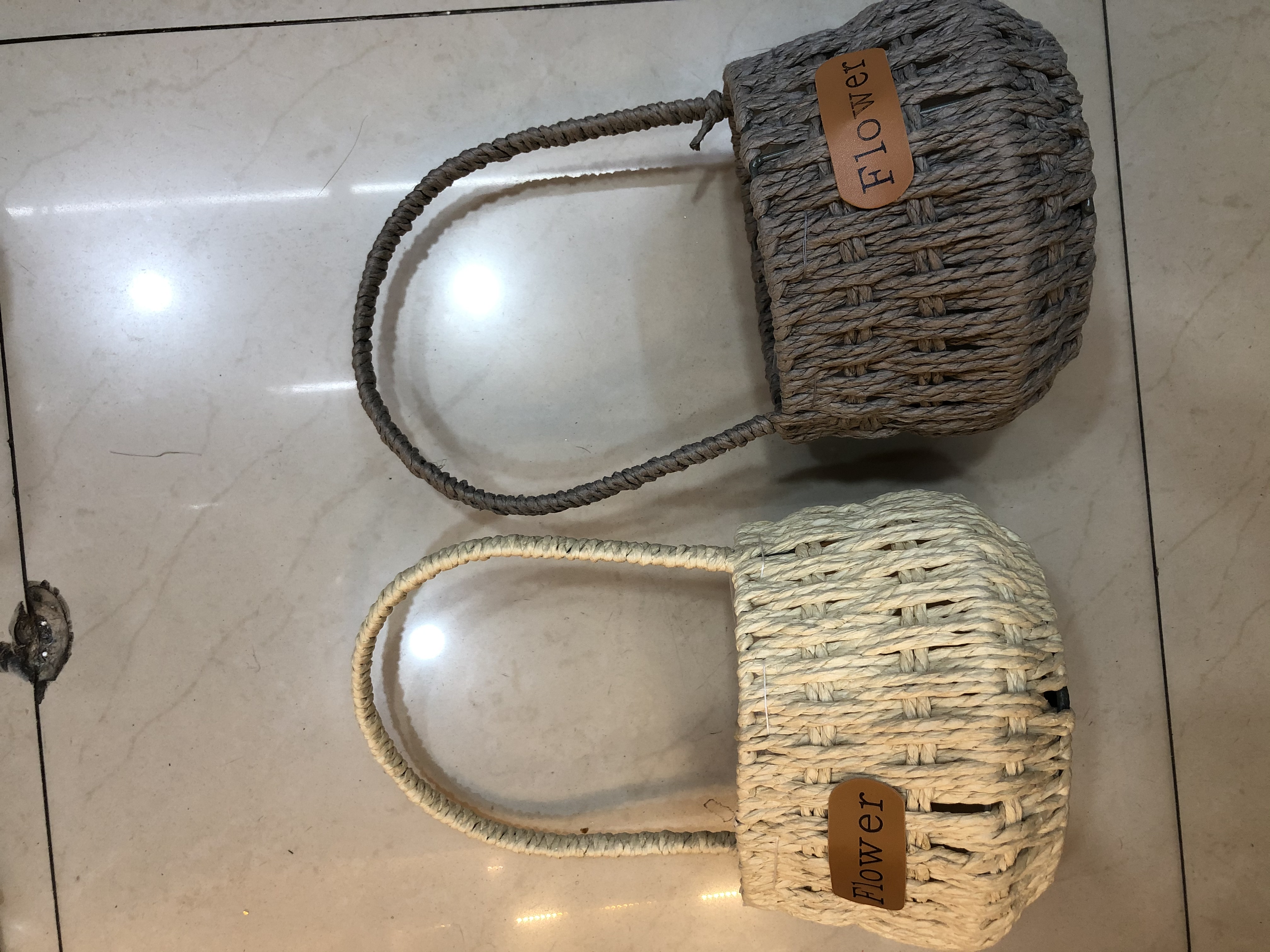 圆形纸绳单只提篮纯手工编织插花礼品篮