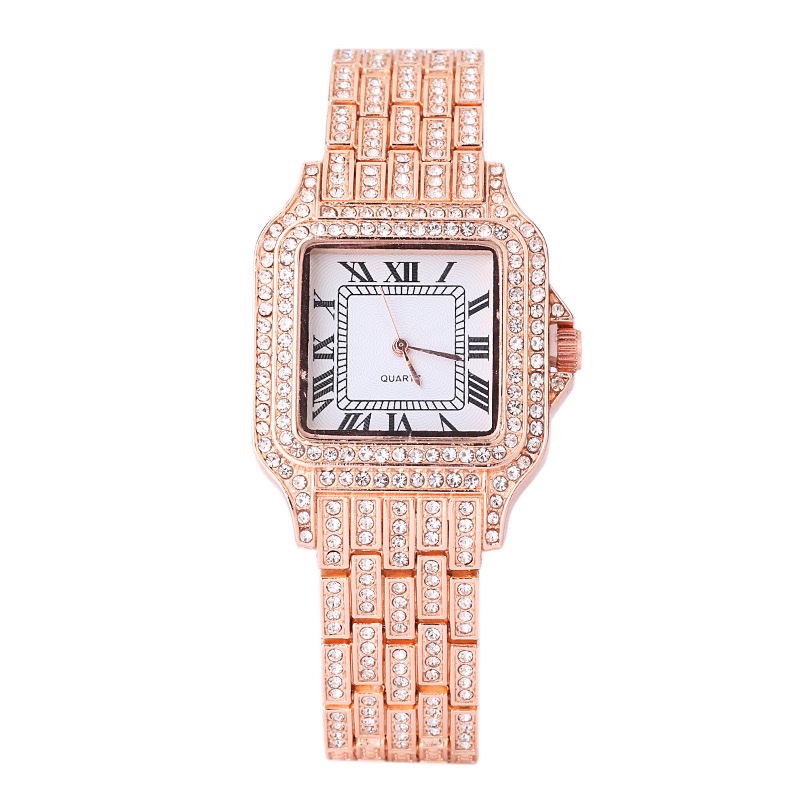 外贸新款方形手表简约百搭钢带镶钻女士手表满钻罗马数字石英腕表图