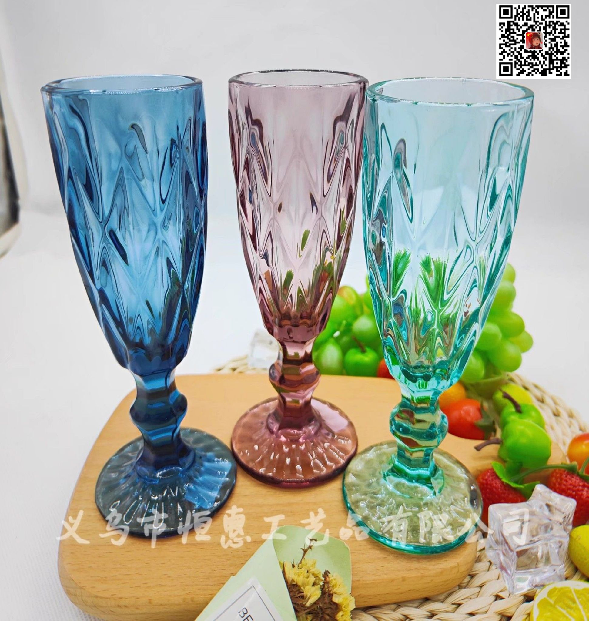 Factory direct sales of retro colored embossed champagne cups, creative juice cups, glass highball cups, and household colored glass cups details Picture