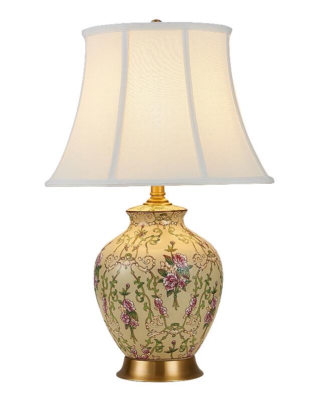 A collectible ornamental table lamp with hand-painted ceramic bottle