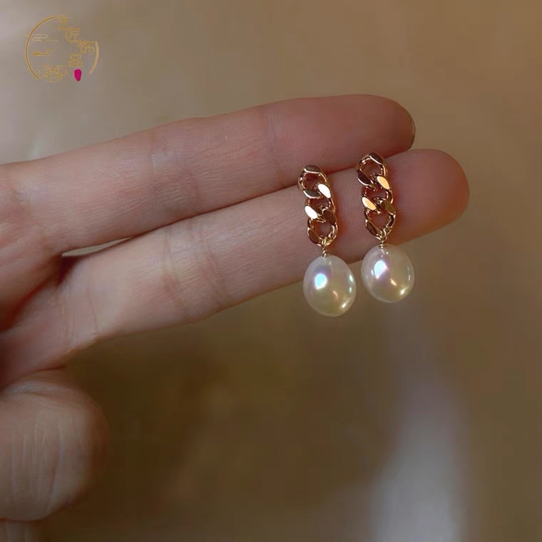 Korean agent purchase natural freshwater Baroque pearl earrings 2022 new style 14K gold exquisite chain ears