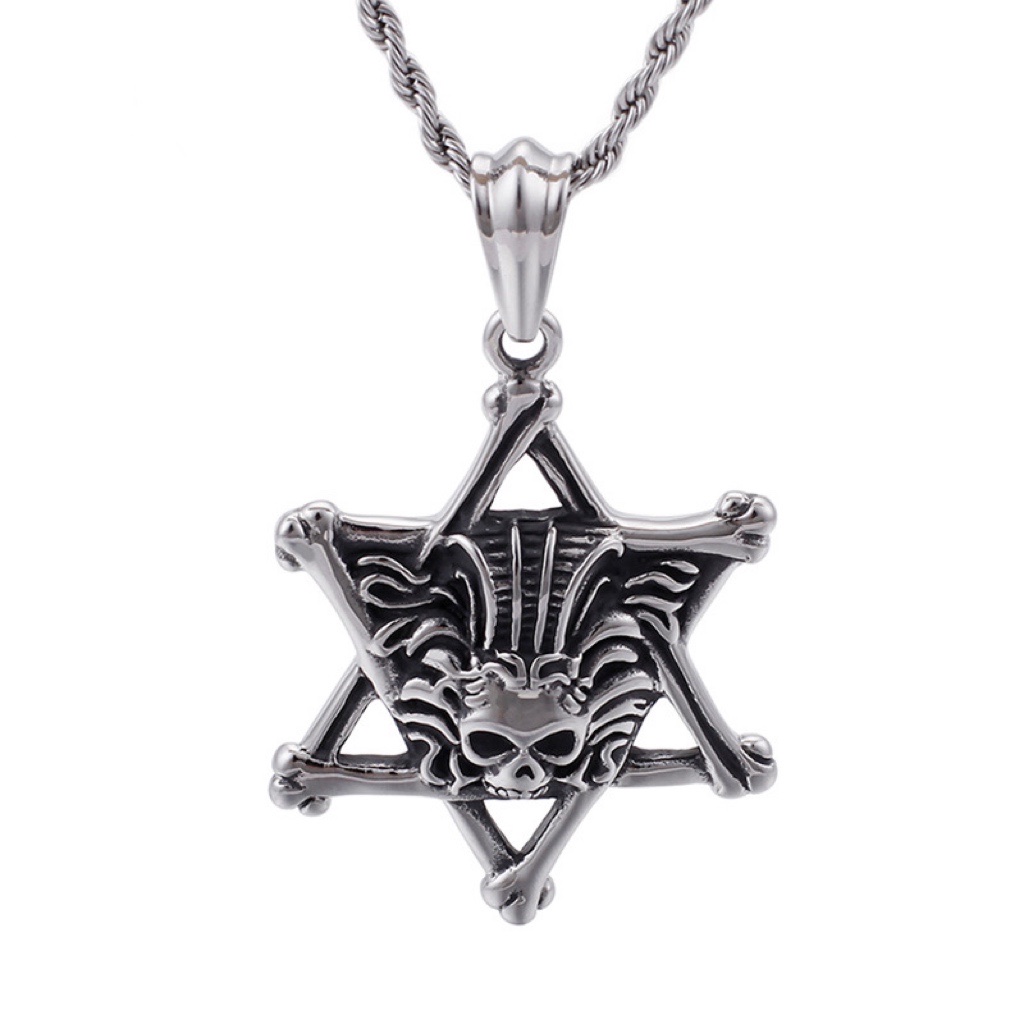 Trendy Korean-style fashion necklace, skull pendant, hexagonal star pendant, stainless steel men's necklace