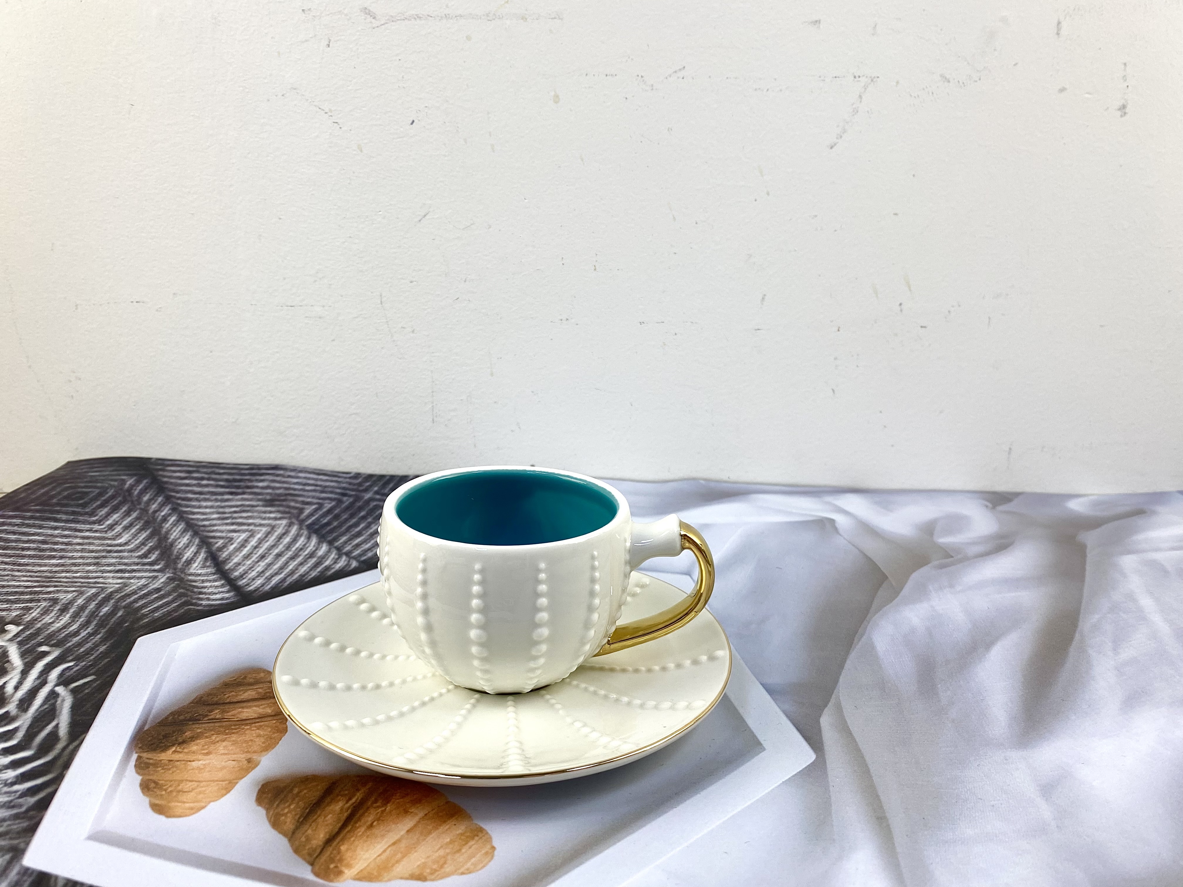 陶瓷杯碟新款杯碟高端骨质瓷金手柄下午茶杯碟绿色德伟131