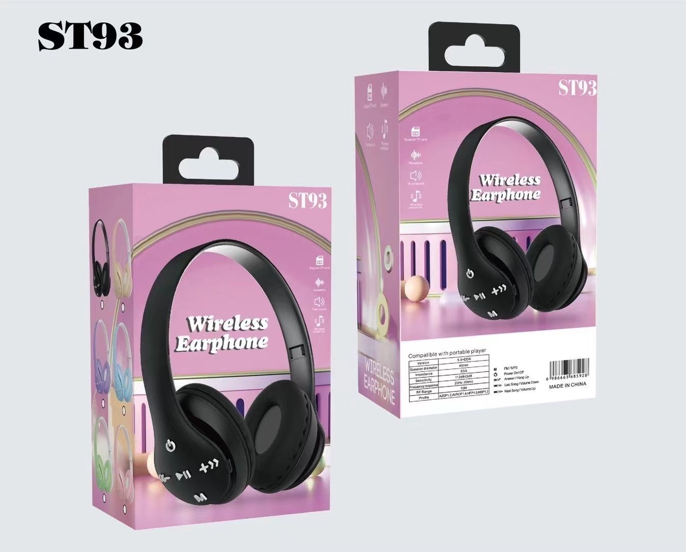 Sogo brand headphones, over-ear wireless Bluetooth headphones ST-93 Bluetooth branded headphones Specification image