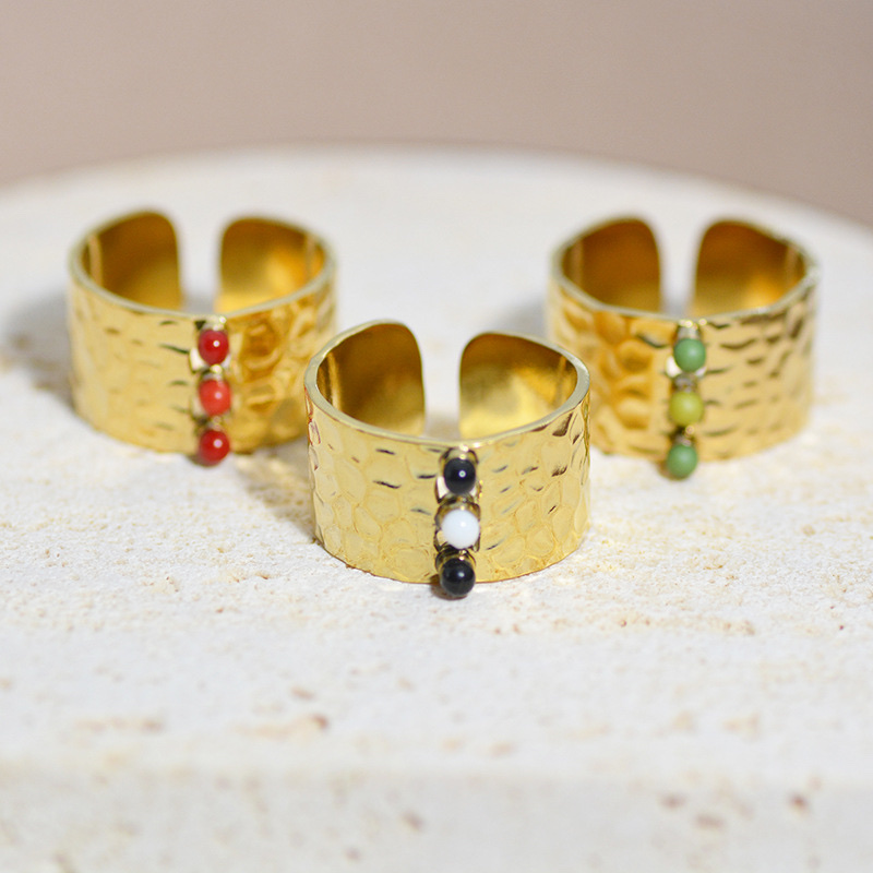 European and American retro open gold women's stainless steel ring, geometrically plated 18K gold and set with gemstones titanium steel ring details Picture