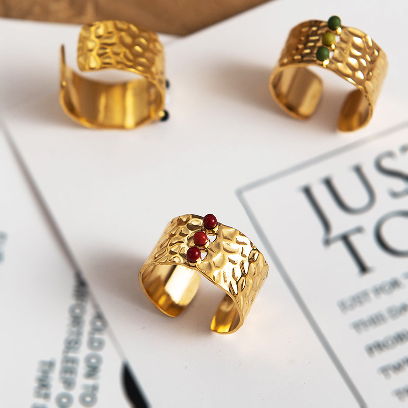 European and American retro open gold women's stainless steel ring, geometrically plated 18K gold and set with gemstones titanium steel ring Specification image