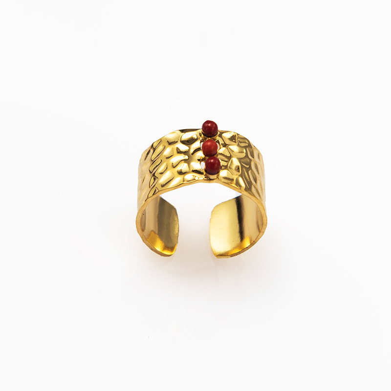 European and American retro open gold women's stainless steel ring, geometrically plated 18K gold and set with gemstones titanium steel ring Item Picture