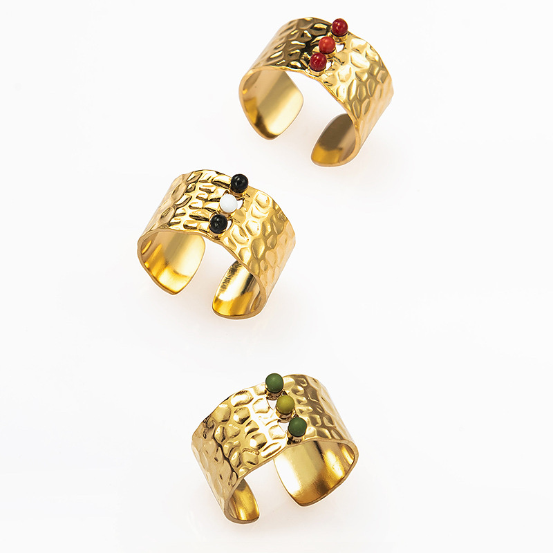 European and American retro open gold women's stainless steel ring, geometrically plated 18K gold and set with gemstones titanium steel ring