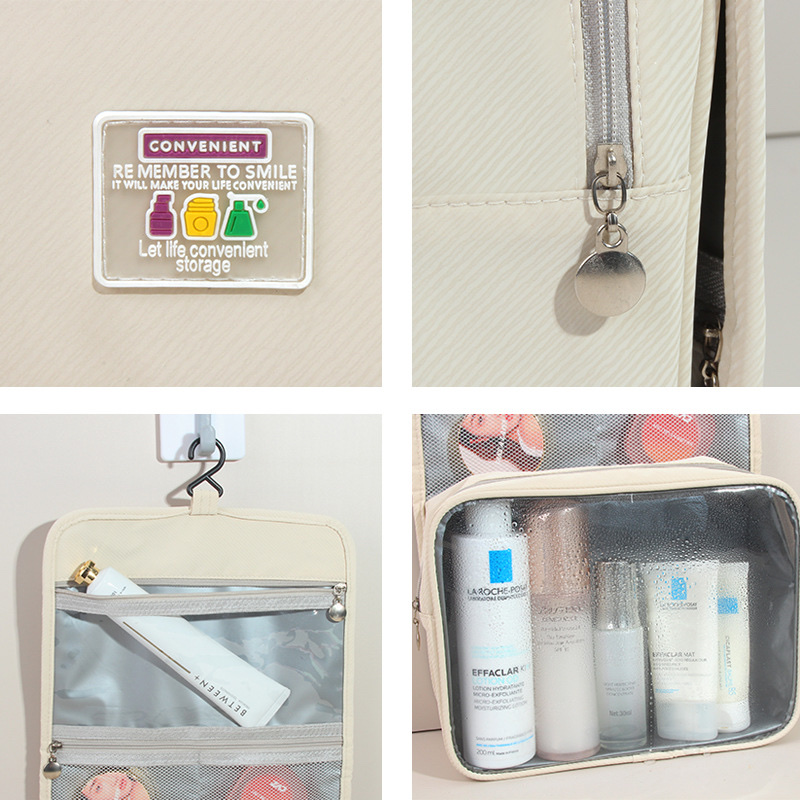 Wholesale of hook-shaped toiletry bags, travel dry and wet separation storage bags, Ins-style waterproof skin care and makeup bags Specification image