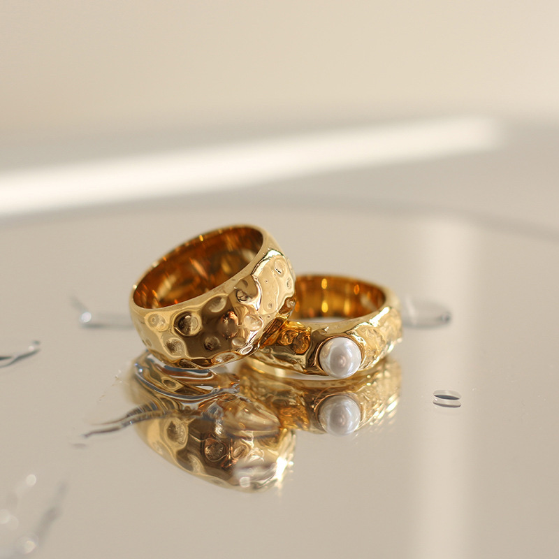 European and American heavyweight solid pearl set ring, tin foil irregular dot ring, titanium steel 18K gold plated stainless steel titanium steel women's ring