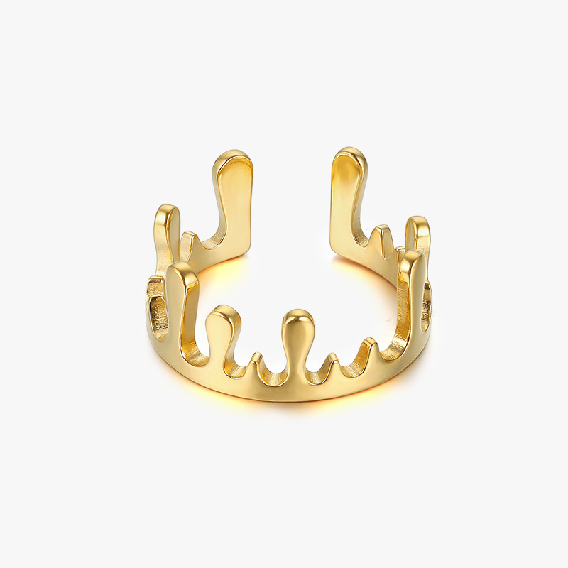 熔岩水滴皇冠开口戒指可调节女款新款一件代发 钛钢镀18K金保色女士指环