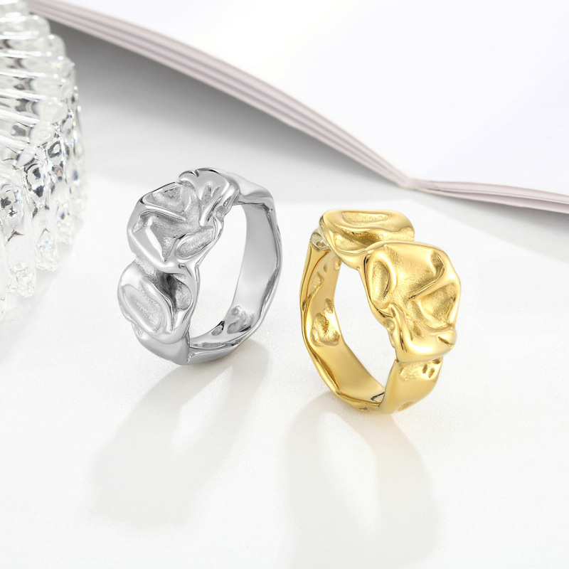Factory direct supply of irregular and pleated titanium steel rings in European and American style, 14kins rings, cross-border wholesale of titanium steel rings for women details Picture