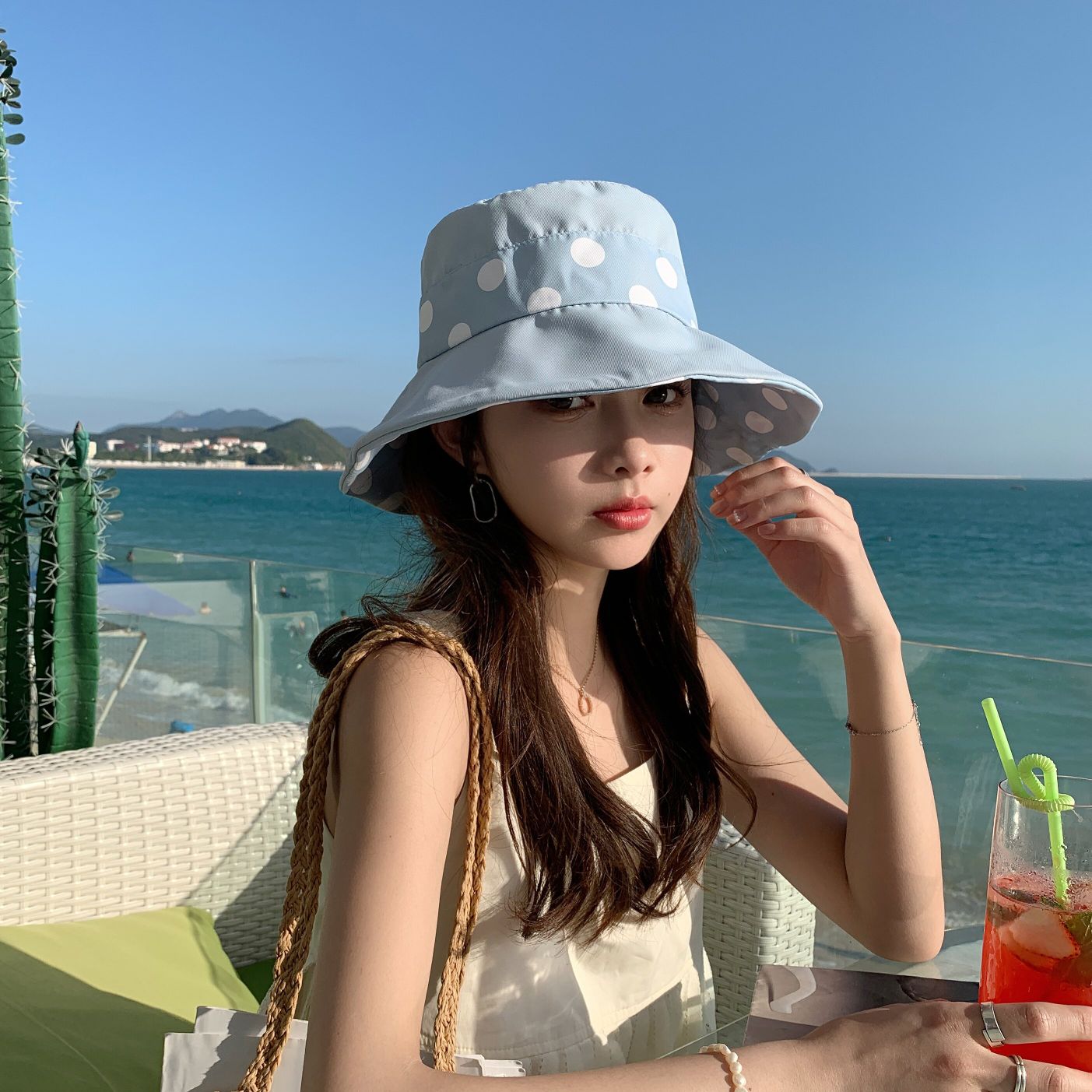 渔夫帽女夏季韩版潮户外圆点遮阳帽日系波点盆帽可折叠度假太阳帽详情9