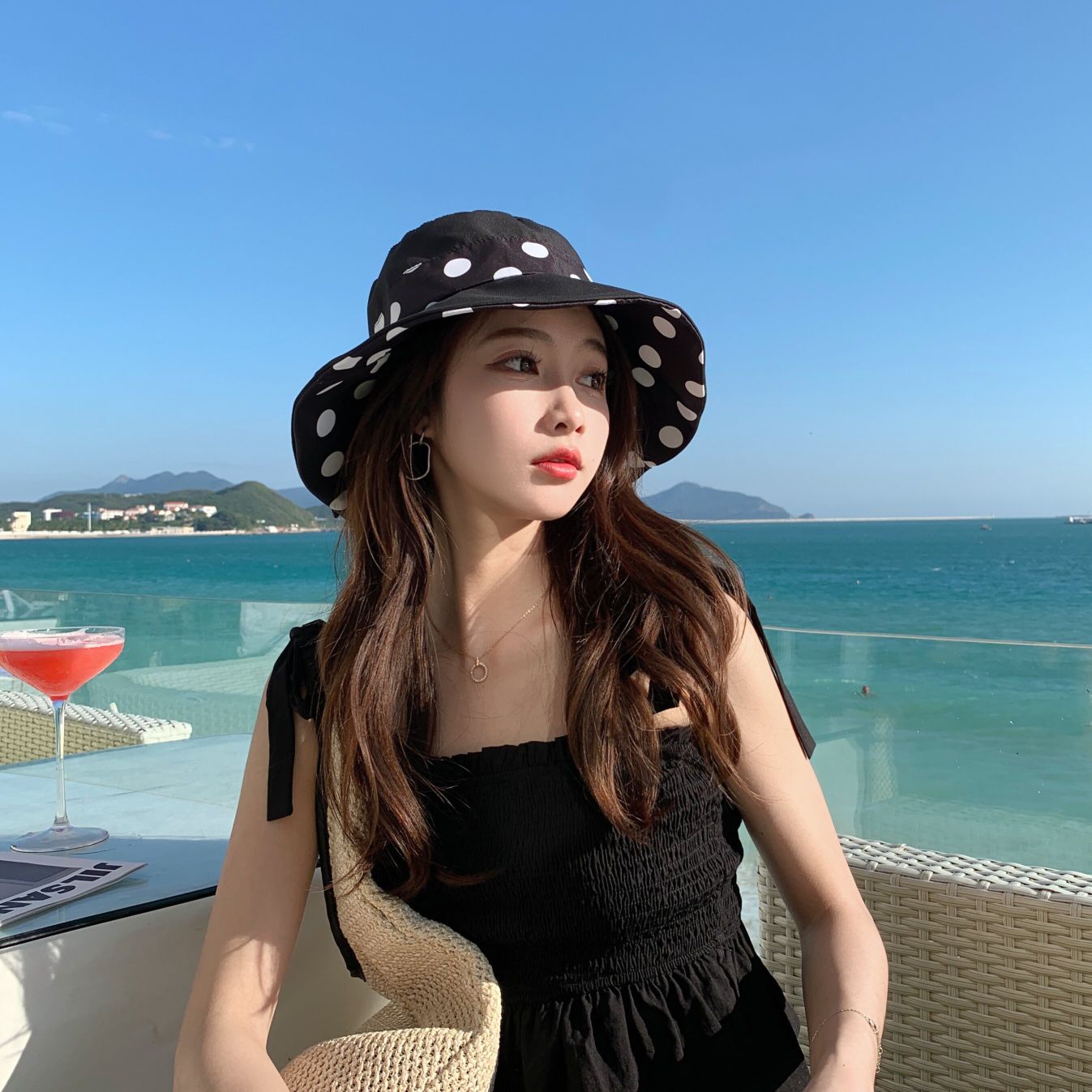 渔夫帽女夏季韩版潮户外圆点遮阳帽日系波点盆帽可折叠度假太阳帽详情7