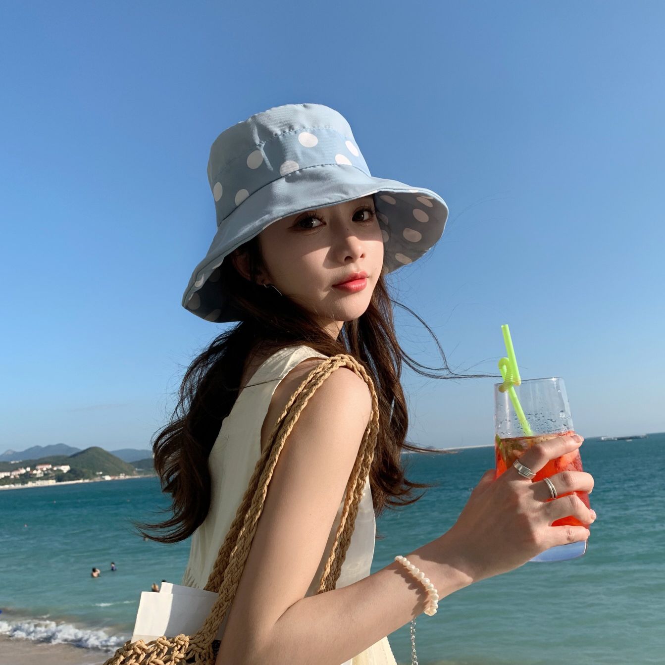 渔夫帽女夏季韩版潮户外圆点遮阳帽日系波点盆帽可折叠度假太阳帽详情10