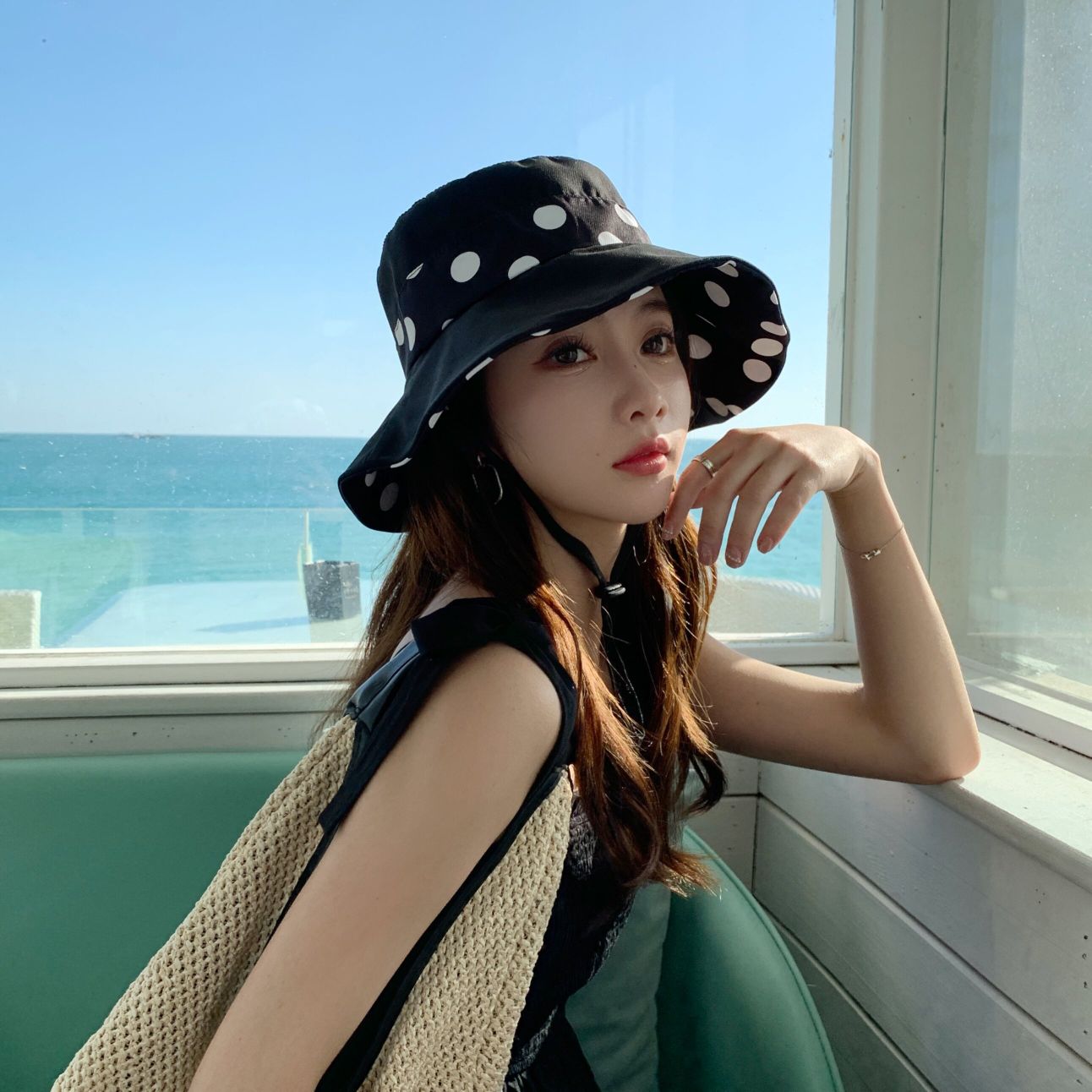 渔夫帽女夏季韩版潮户外圆点遮阳帽日系波点盆帽可折叠度假太阳帽详情5