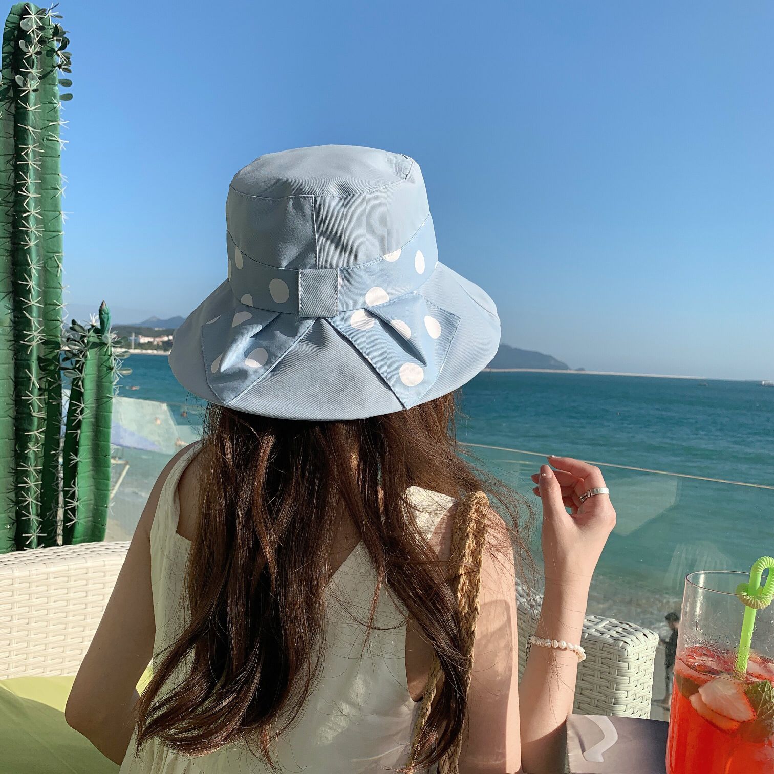 渔夫帽女夏季韩版潮户外圆点遮阳帽日系波点盆帽可折叠度假太阳帽详情11