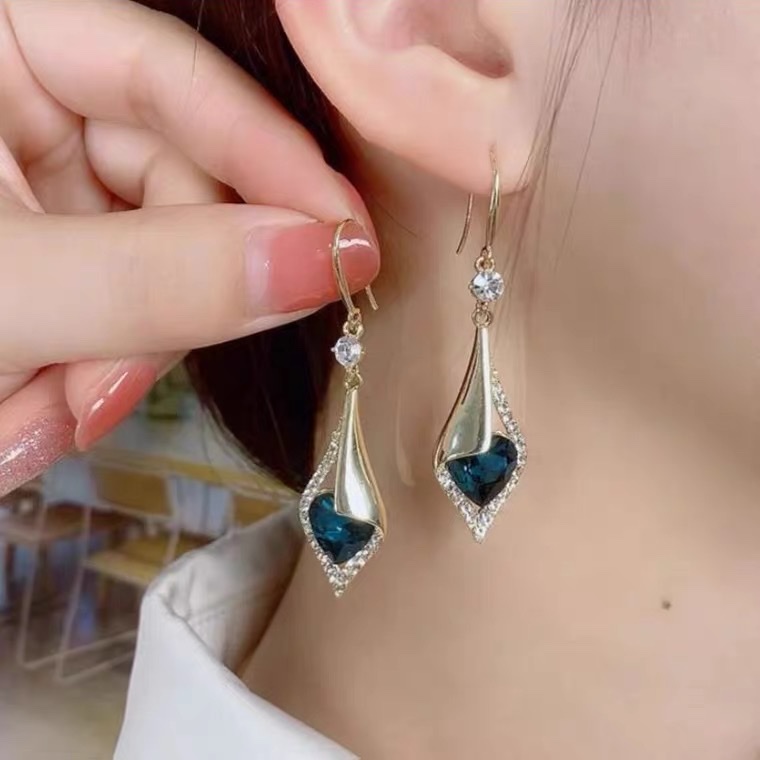 Korean pure silver ear hook earrings for women, 2022 new trendy zircon earrings, peacock blue water diamond 1156 earrings, fashionable and stylish