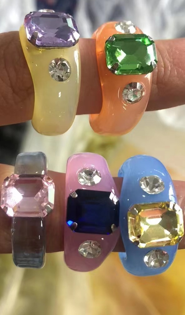Colorful ring bestseller Rectangular claw diamond fashionable glass multi-color Chao Xia 18 details Picture