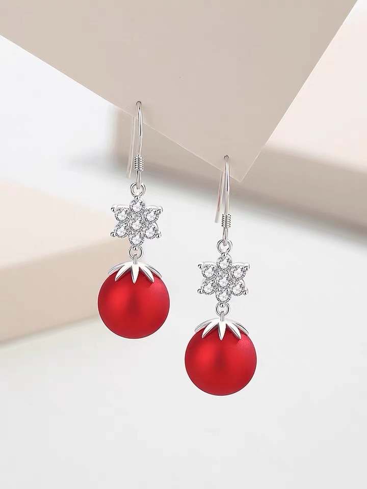 Hexagonal star red bead pure silver earrings for women, stylish red, small and exquisite earrings, 2022 new style 1150 trendy earrings