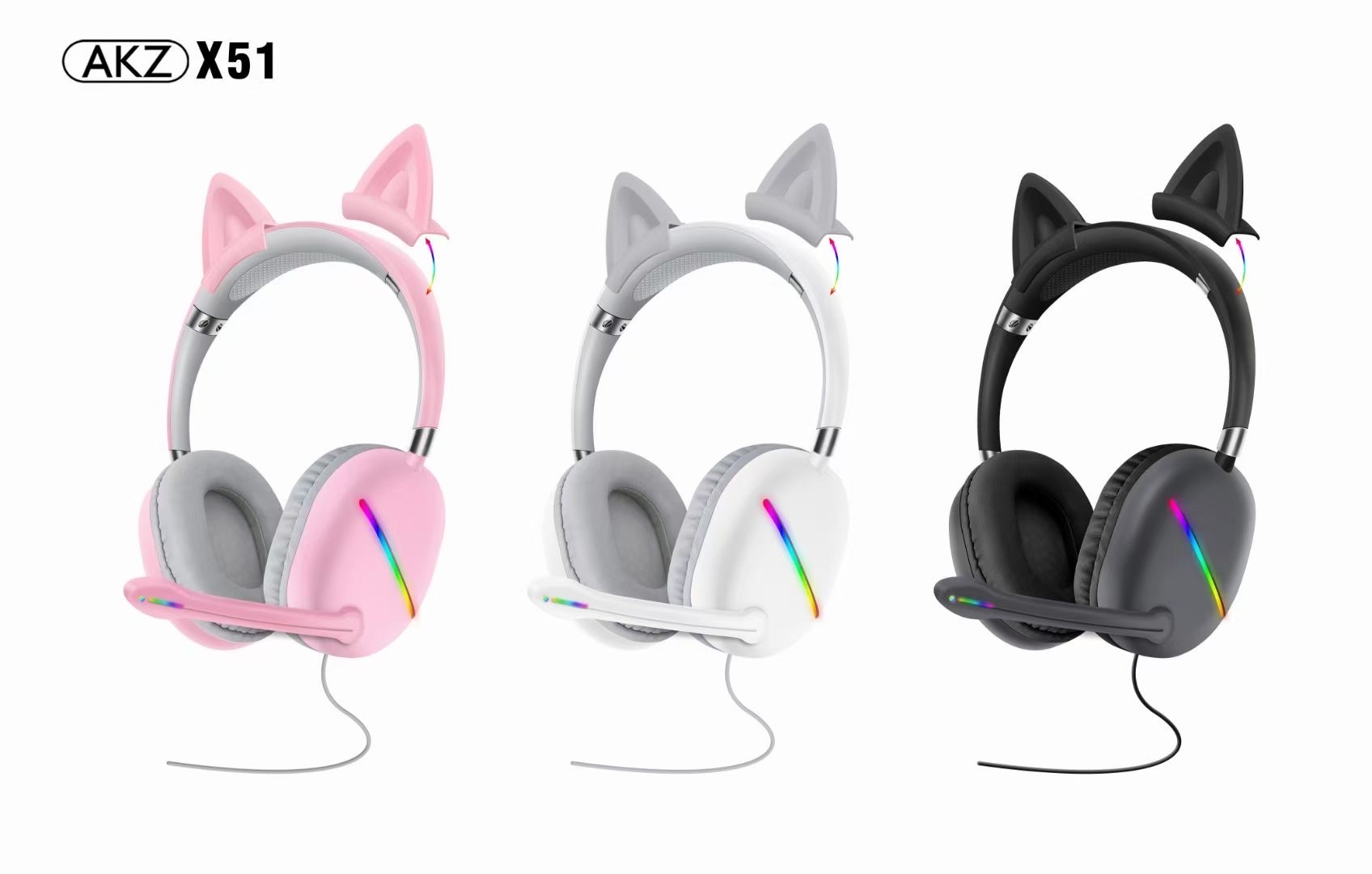 新款AKZ-X51有线游戏耳机猫耳机可拆缷猫耳RGB灯炫彩发光带线耳麦带声卡功能详情图3