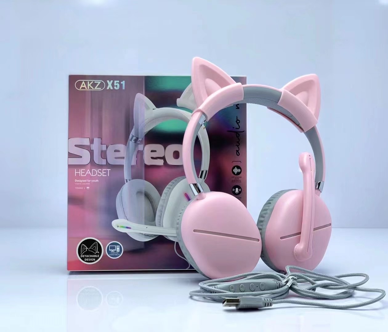 新款AKZ-X51有线游戏耳机猫耳机可拆缷猫耳RGB灯炫彩发光带线耳麦带声卡功能详情图4