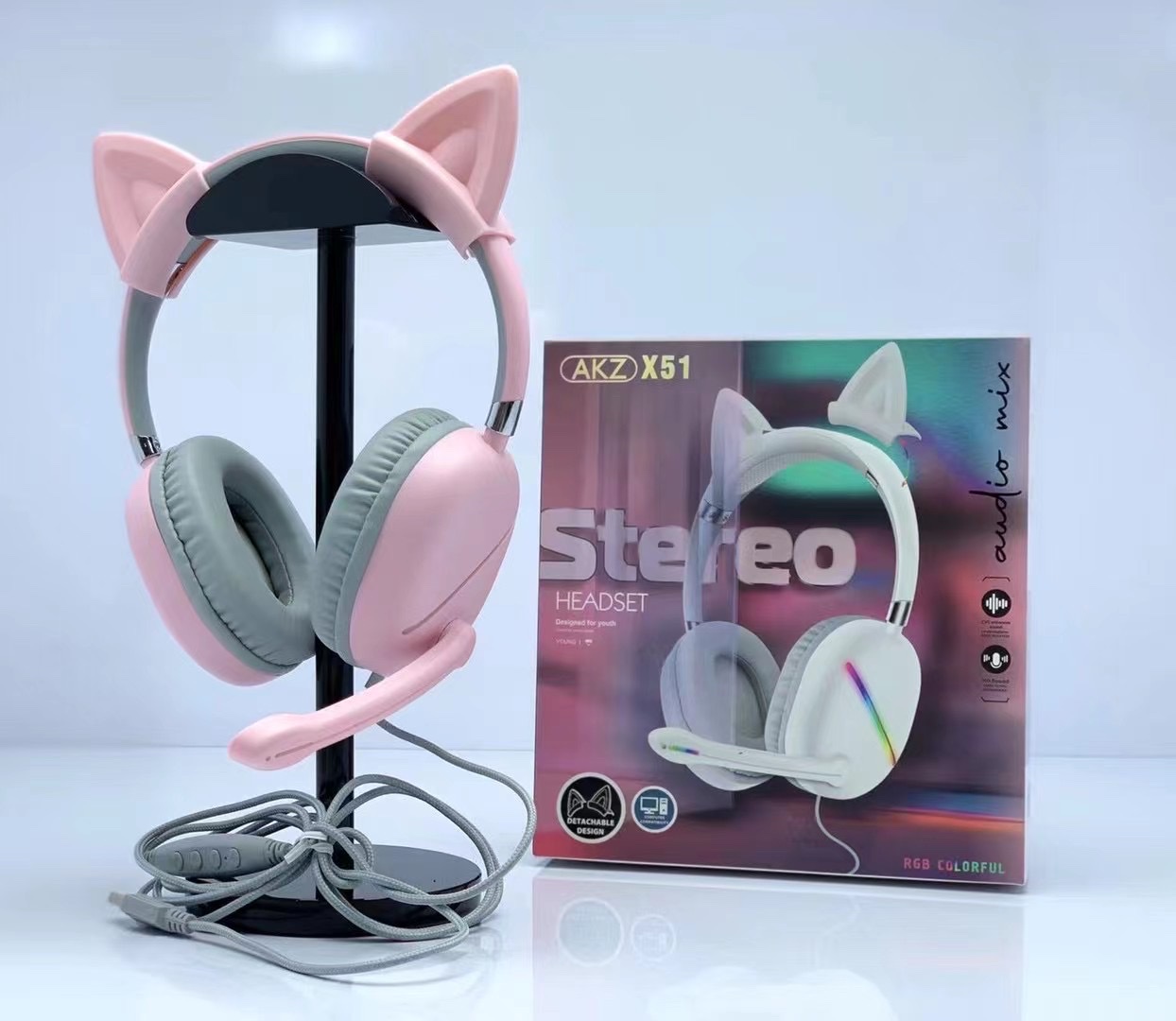 新款AKZ-X51有线游戏耳机猫耳机可拆缷猫耳RGB灯炫彩发光带线耳麦带声卡功能详情图5