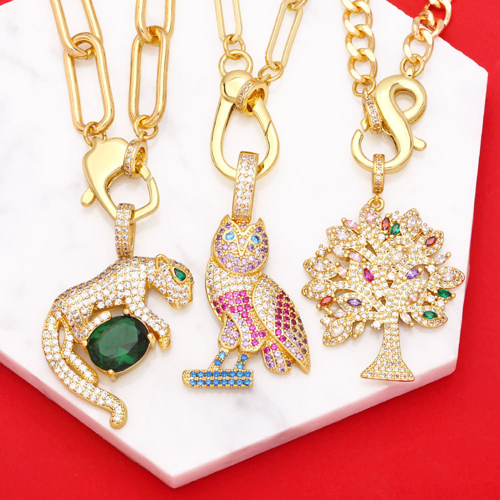 European and American hip-hop necklace, exaggerated and distinctive, colorful zircon leopard owl life tree pendant collarbone chain