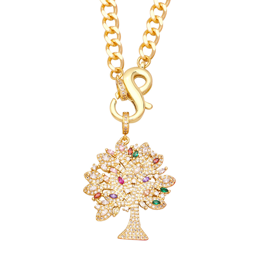 European and American hip-hop necklace, exaggerated and distinctive, colorful zircon leopard owl life tree pendant collarbone chain detail image 4