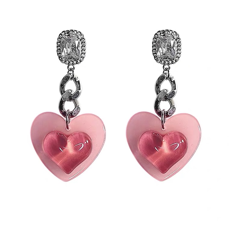 2022 Fashionable and stylish earrings with a niche design sense, high-end S925 silver heart-shaped zircon chain, 116 pink gradient stud earrings Item Picture