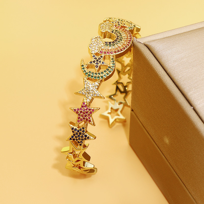 Aliexpress copper-plated slightly inlaid colored zircon star open bracelet, simple star moon rainbow color bracelet detail image 4