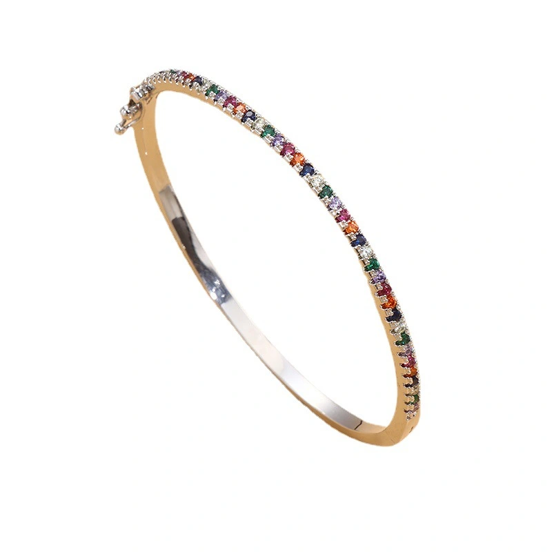 Korean minimalist and cold style jewelry, slightly inlaid with rainbow-colored zircon oval closed mouth bracelet for women detail image 5