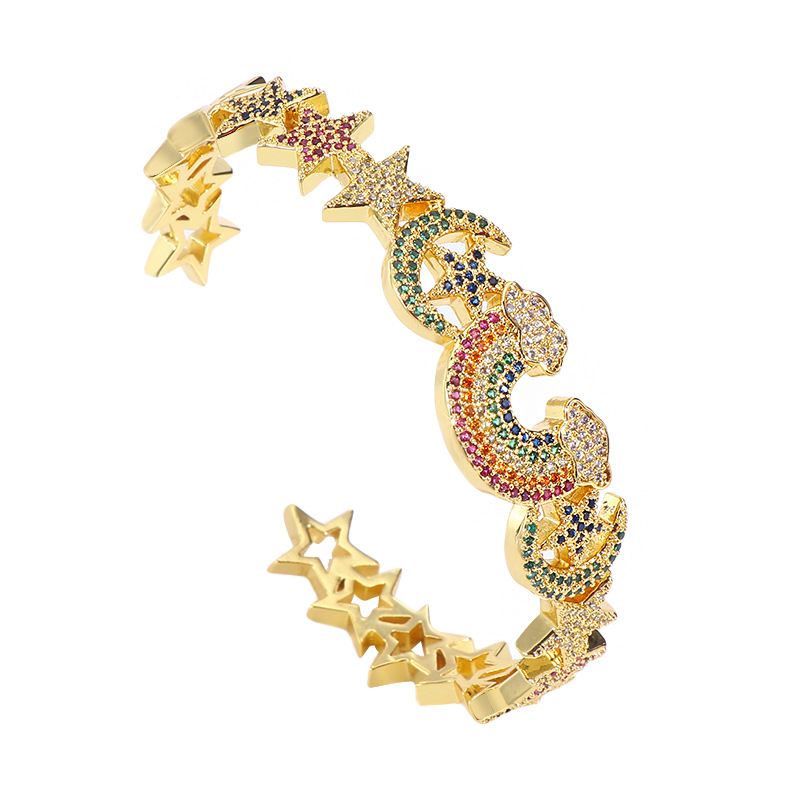 Aliexpress copper-plated slightly inlaid colored zircon star open bracelet, simple star moon rainbow color bracelet Item Picture