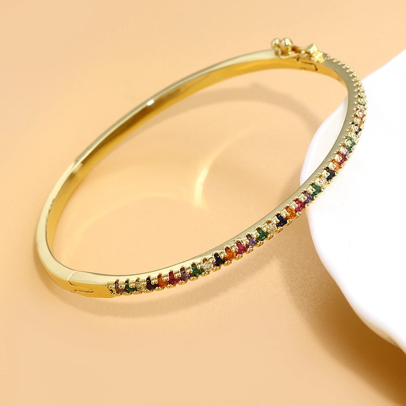 Korean minimalist and cold style jewelry, slightly inlaid with rainbow-colored zircon oval closed mouth bracelet for women detail image 4