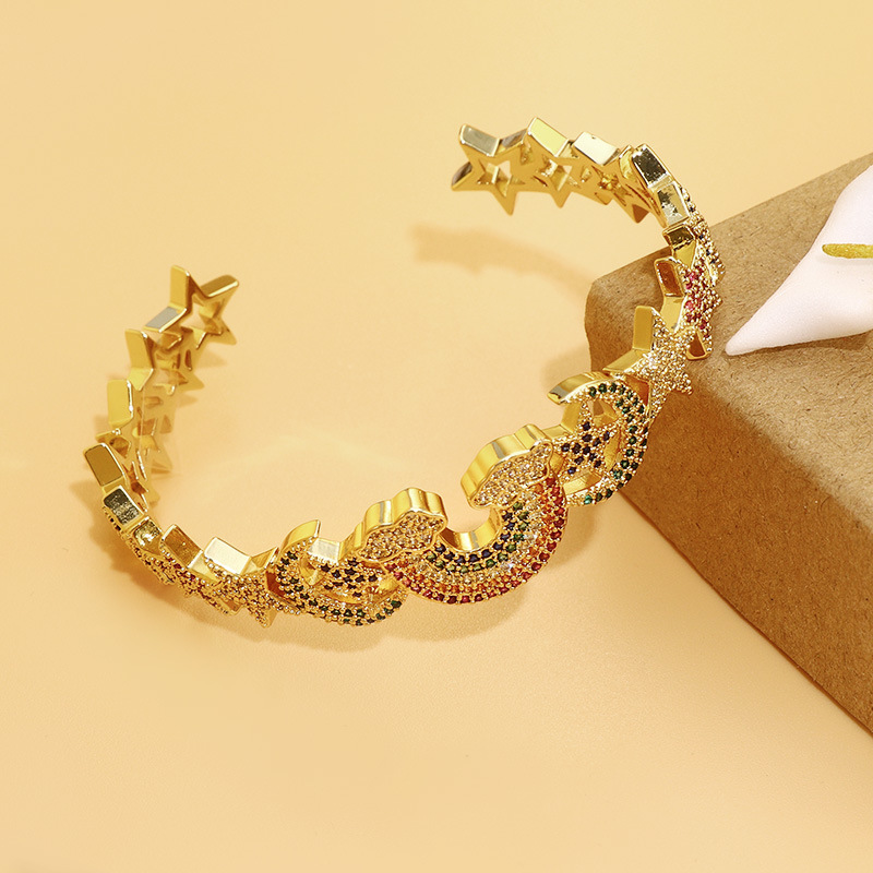 Aliexpress copper-plated slightly inlaid colored zircon star open bracelet, simple star moon rainbow color bracelet detail image 3