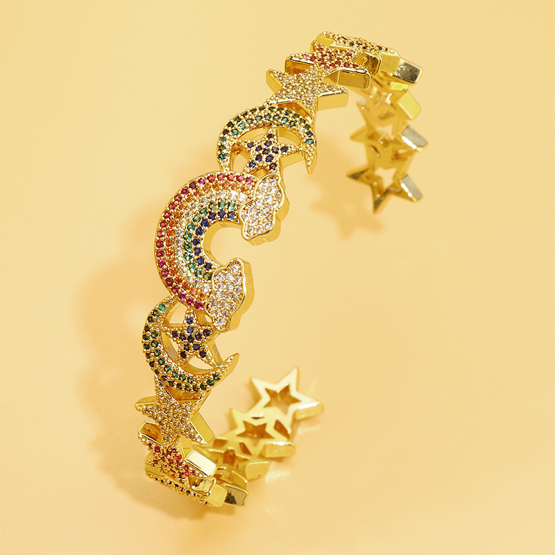 Aliexpress copper-plated slightly inlaid colored zircon star open bracelet, simple star moon rainbow color bracelet detail image 2