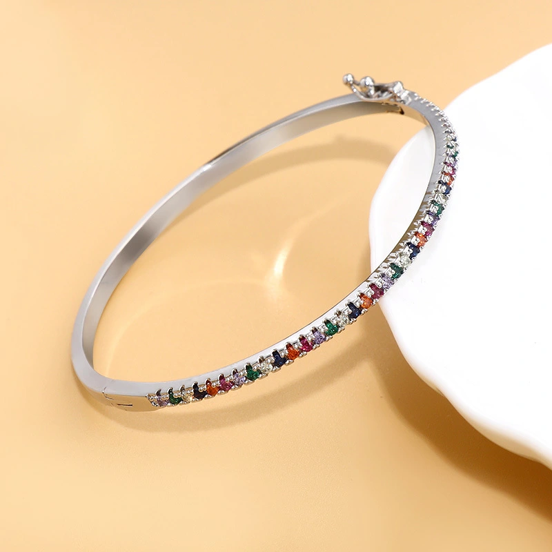 Korean minimalist and cold style jewelry, slightly inlaid with rainbow-colored zircon oval closed mouth bracelet for women detail image 7