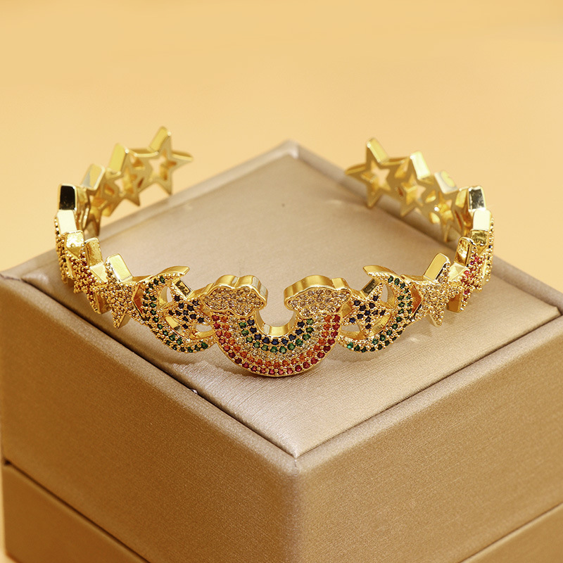Aliexpress copper-plated slightly inlaid colored zircon star open bracelet, simple star moon rainbow color bracelet