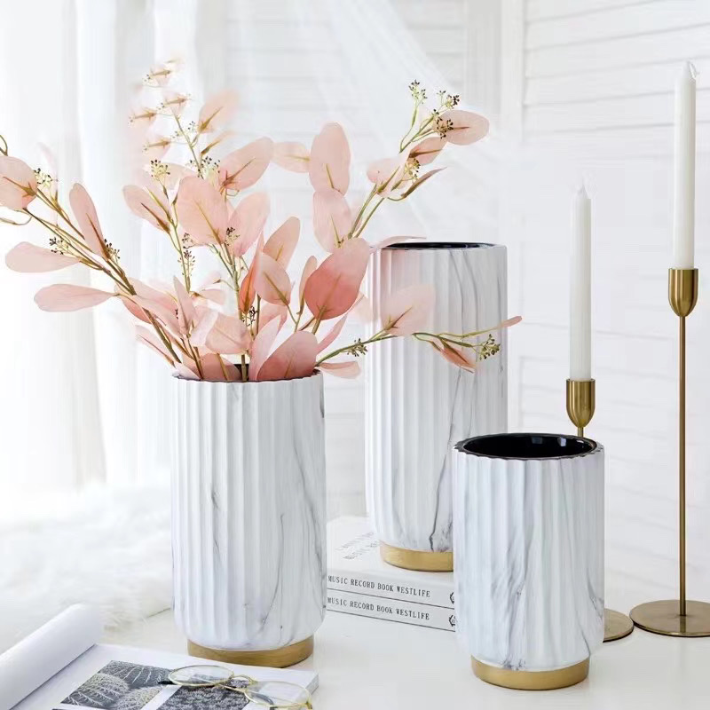 Nordic vertical striped straight tube ceramic vase, marble-patterned living room dining table decoration, Wanzi 55