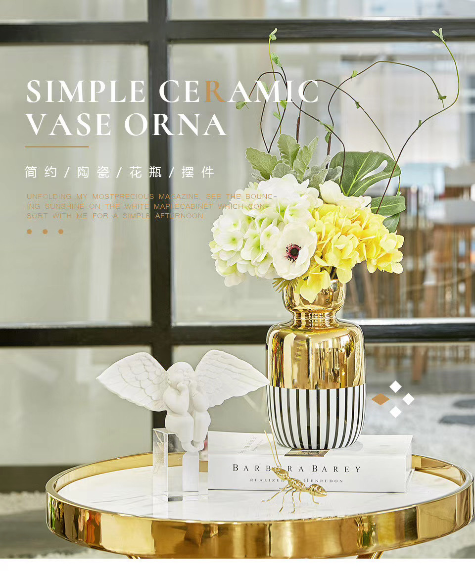 ins Nordic Style golden striped Ceramic Vase decoration for the living room, creative vase Wanzi 21