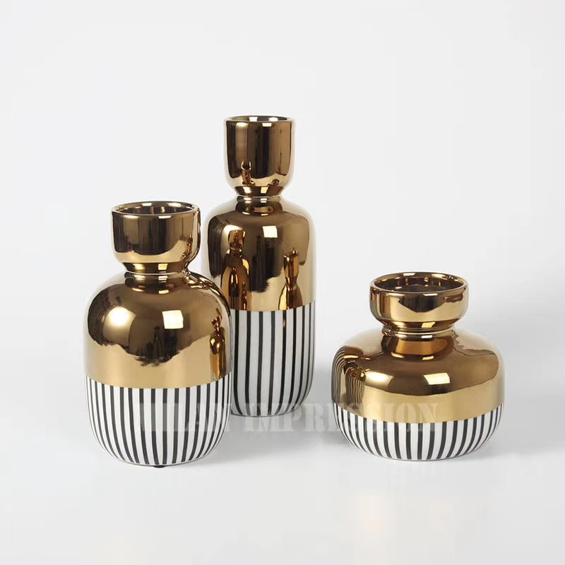 ins Nordic-style golden striped ceramic vase for living room decoration, creative table vase, Wanzi 24