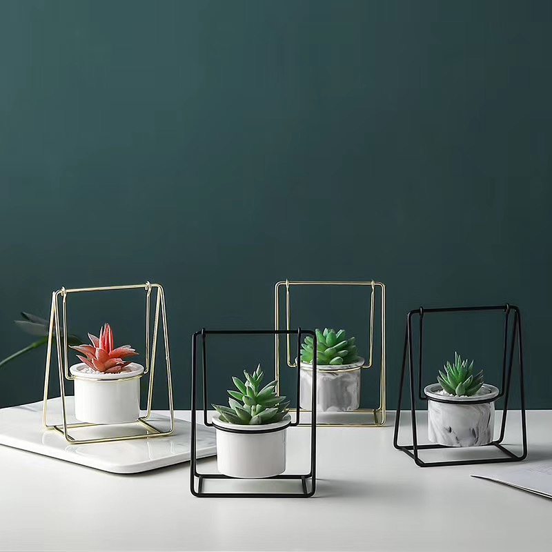 Nordic minimalist and creative ins geometric iron swing, flower pot, ceramic succulent flower pot, iron stand combination set, spider plant