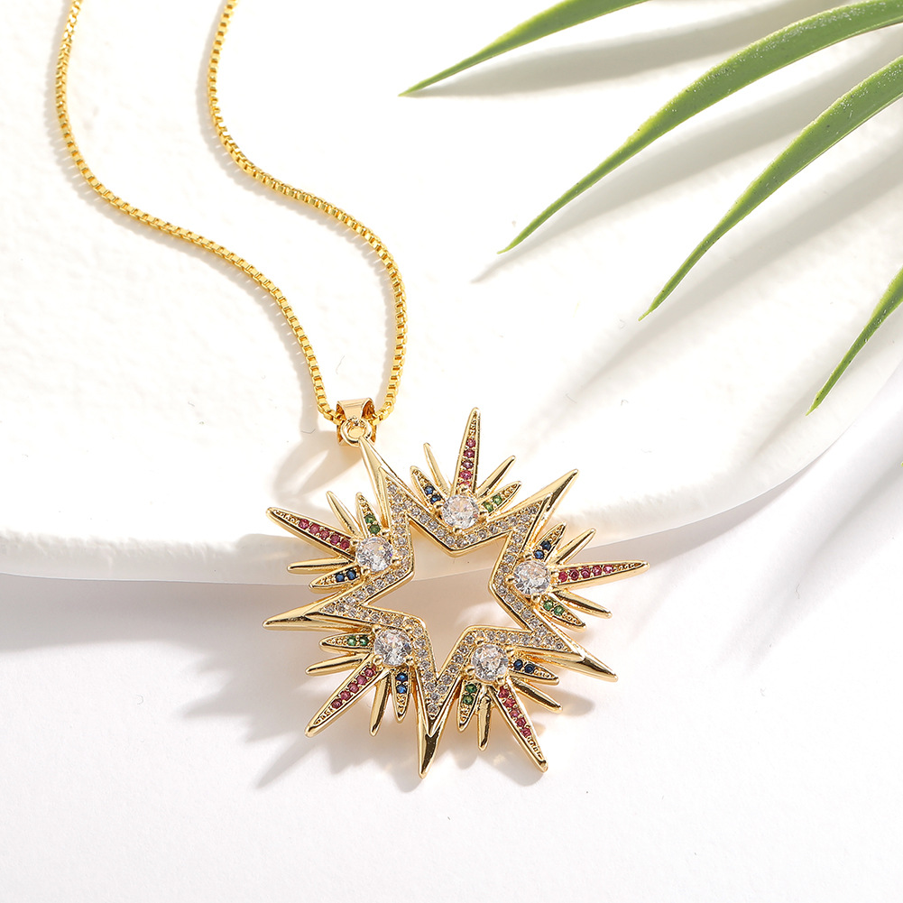 Cross-border supply of popular European and American women's jewelry: copper-plated real gold five-pointed star pendant and diamond-encrusted geometric cold style necklace details Picture