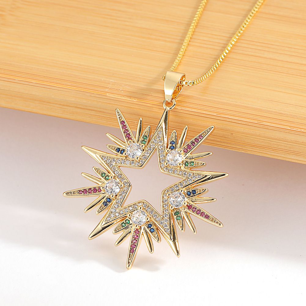 Cross-border supply of popular European and American women's jewelry: copper-plated real gold five-pointed star pendant and diamond-encrusted geometric cold style necklace Specification image