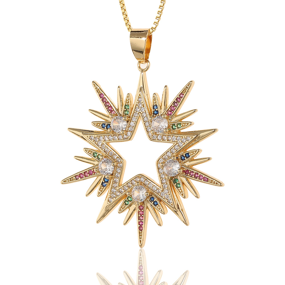 Cross-border supply of popular European and American women's jewelry: copper-plated real gold five-pointed star pendant and diamond-encrusted geometric cold style necklace Item Picture