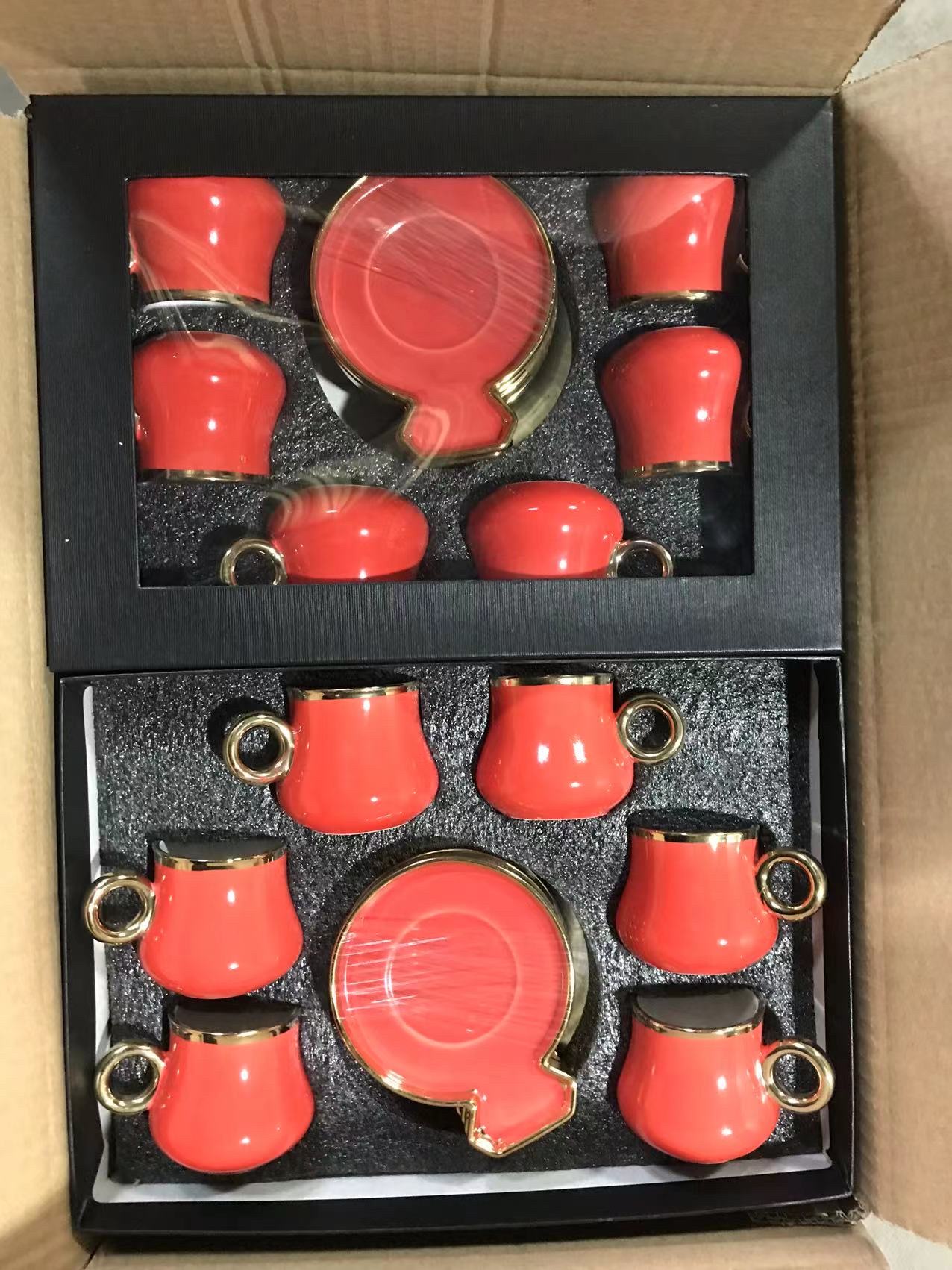 陶瓷咖啡杯碟镀金杯碟6杯6碟礼品盒礼品袋意式咖啡杯碟套装大红色德伟501