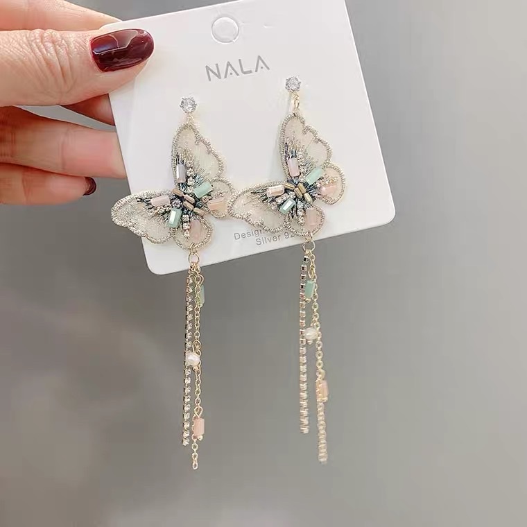 2 pieces of bag 925 silver needle, Korean Dongdaemun ladylike sweet and ethereal metal fabric butterfly long style 00010 earrings W5