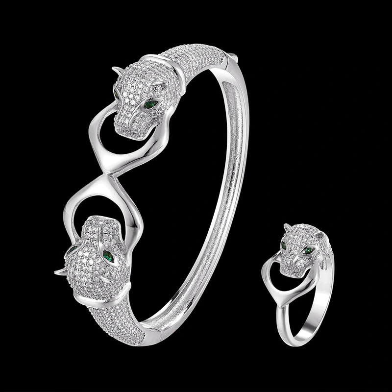 Cross-border e-commerce Amazon European and American zirconium-inlaid double smooth U-shaped leopard head cross bracelet detail image 5